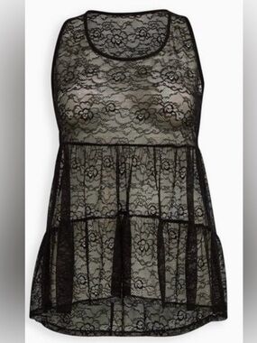 Torrid 0X Sheer Black Lace Tiered Tunic Tank Top